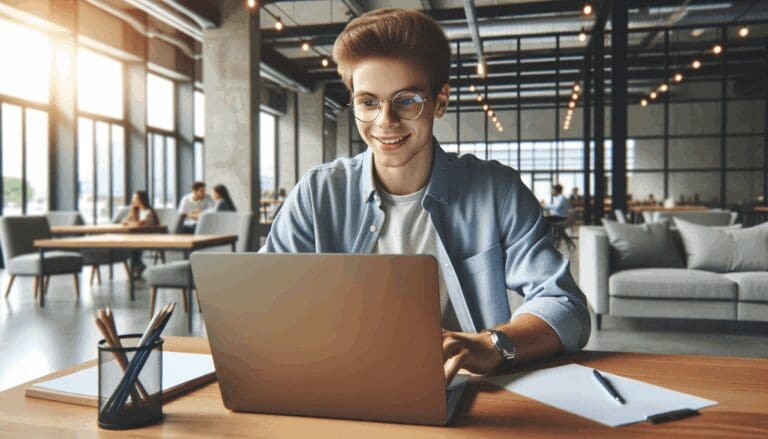 Fotografía de una persona joven usando una laptop en un espacio de coworking moderno