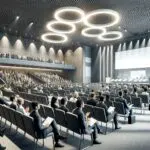 Auditorio moderno lleno de emprendedores y exposición de tecnología