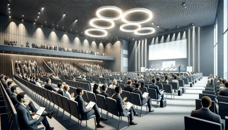 Auditorio moderno lleno de emprendedores y exposición de tecnología