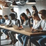 Equipo de jóvenes emprendedores trabajando en laptops en un espacio colaborativo moderno