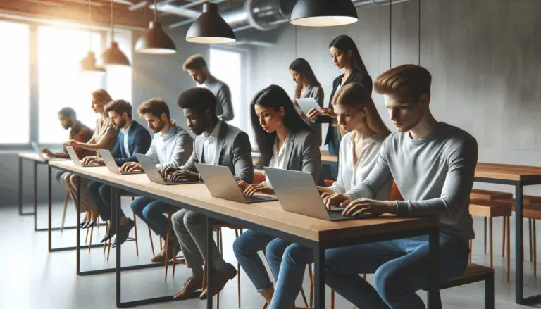 Equipo de jóvenes emprendedores trabajando en laptops en un espacio colaborativo moderno