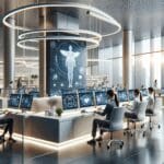 Oficina moderna con equipos de salud digital trabajando en computadoras