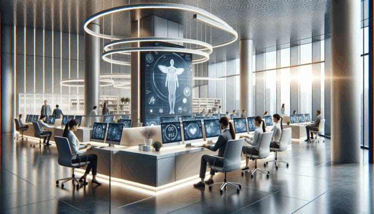 Oficina moderna con equipos de salud digital trabajando en computadoras