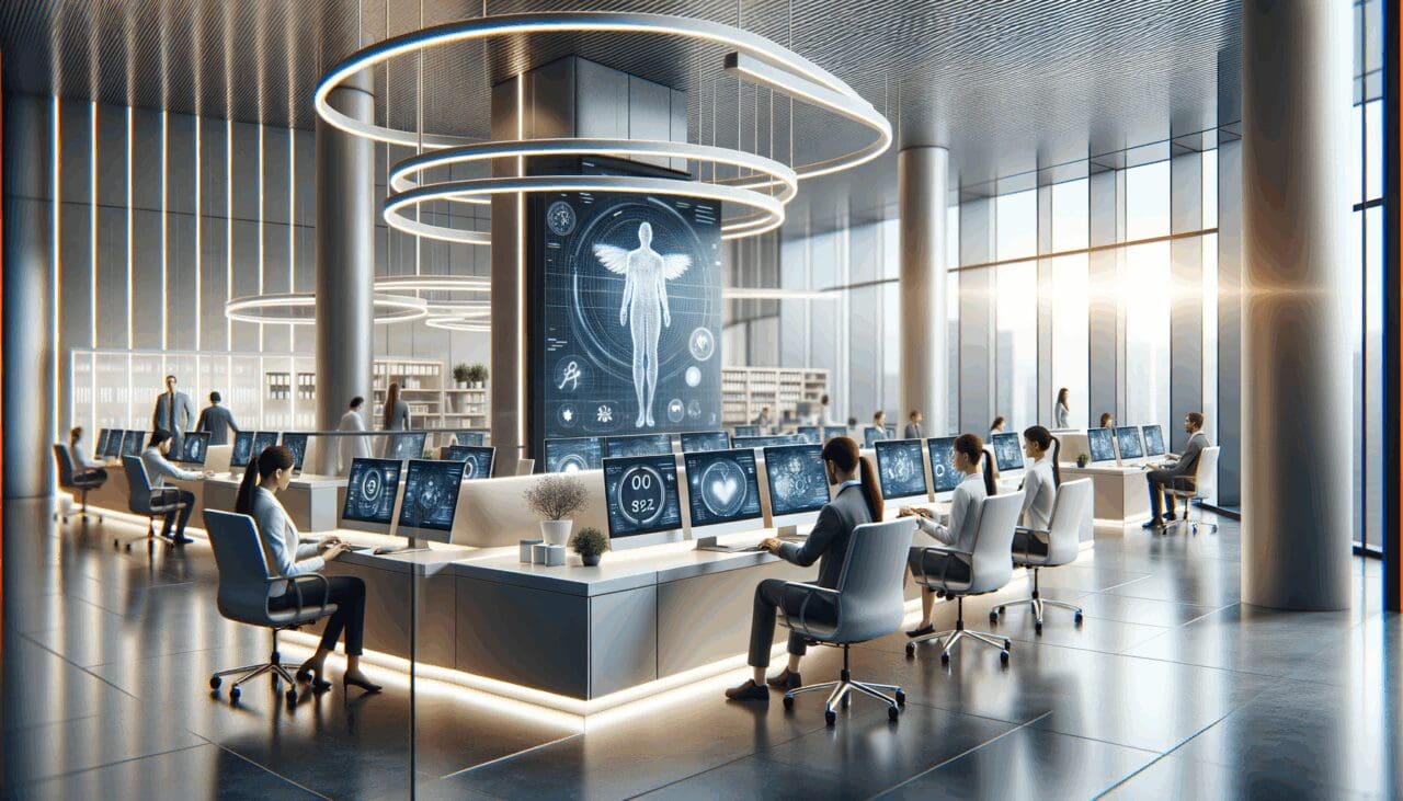 Oficina moderna con equipos de salud digital trabajando en computadoras