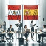 Emprendedores trabajando en un espacio de coworking moderno con banderas de Perú y España al fondo