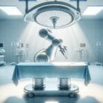 Brazo robótico quirúrgico sobre una mesa de operación en entorno clínico limpio