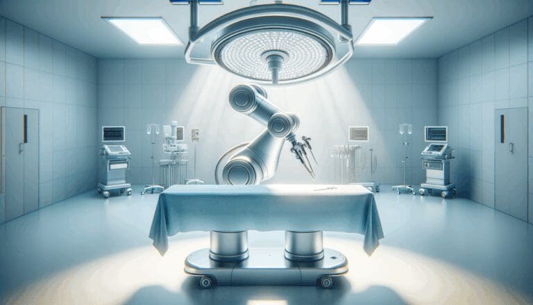Brazo robótico quirúrgico sobre una mesa de operación en entorno clínico limpio