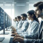 Investigadores en laboratorio con pantallas mostrando modelos de inteligencia artificial