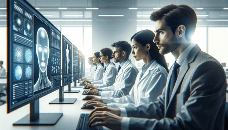 Investigadores en laboratorio con pantallas mostrando modelos de inteligencia artificial