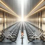 Flota de bicicletas eléctricas organizadas en un entorno urbano moderno