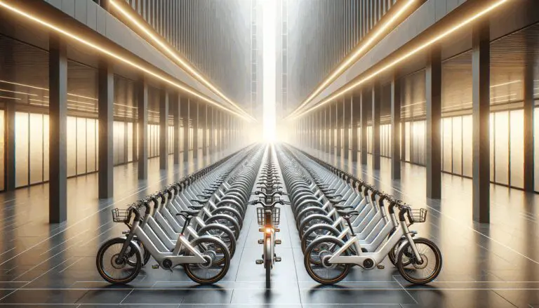 Flota de bicicletas eléctricas organizadas en un entorno urbano moderno