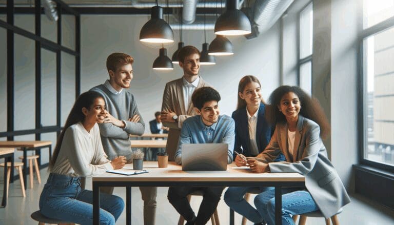Jóvenes emprendedores desarrollando ideas en un espacio de coworking moderno
