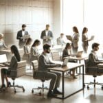 Oficina moderna con emprendedores trabajando colaborativamente en laptops