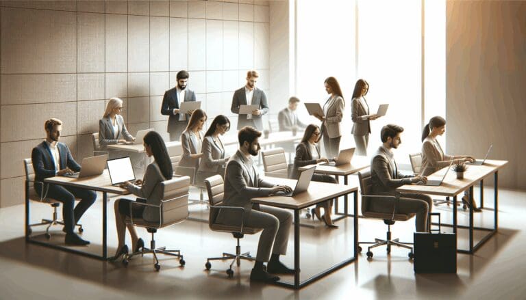 Oficina moderna con emprendedores trabajando colaborativamente en laptops