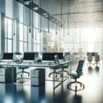 Oficinas modernas con equipos tecnológicos colaborando en un entorno corporativo