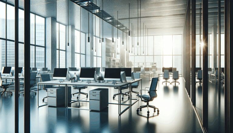 Oficinas modernas con equipos tecnológicos colaborando en un entorno corporativo