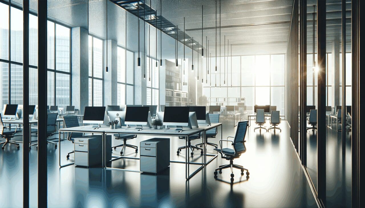 Oficinas modernas con equipos tecnológicos colaborando en un entorno corporativo
