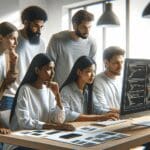 Equipo de desarrolladores trabajando en una interfaz de software en una oficina moderna