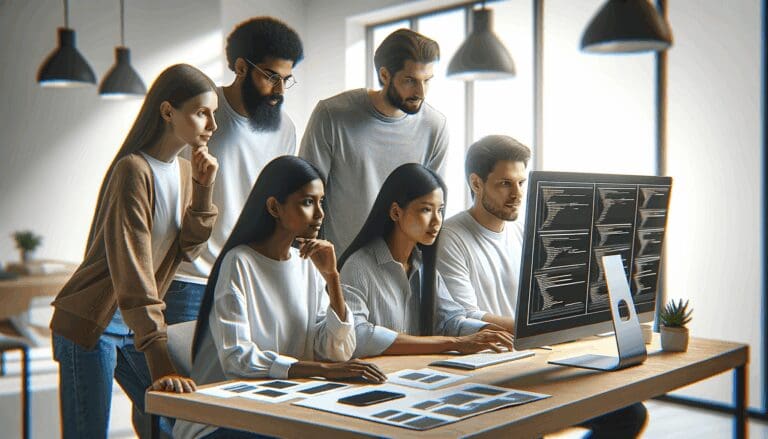 Equipo de desarrolladores trabajando en una interfaz de software en una oficina moderna