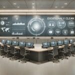 Sala de clase equipada con tecnología moderna para gestión de emergencias.