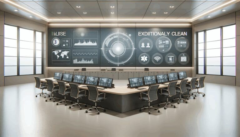 Sala de clase equipada con tecnología moderna para gestión de emergencias.