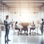 Equipo emprendedor trabajando en una oficina moderna y tecnológica