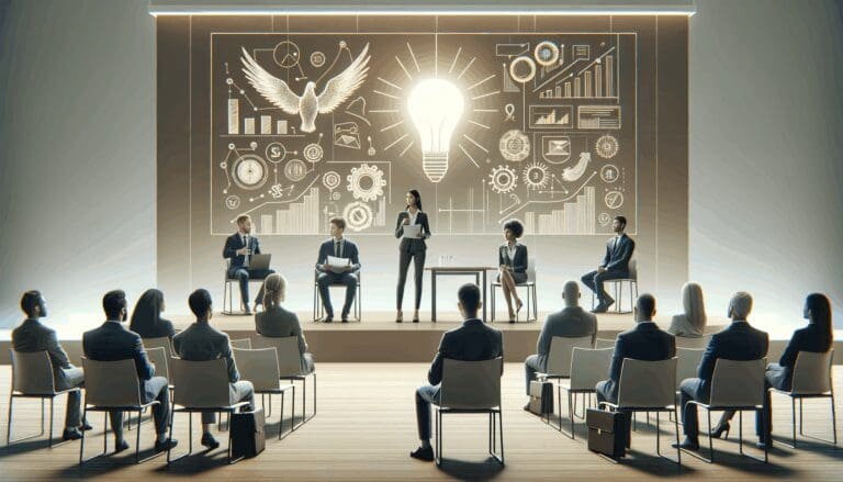 Emprendedores presentando ideas frente a un jurado en un auditorio moderno