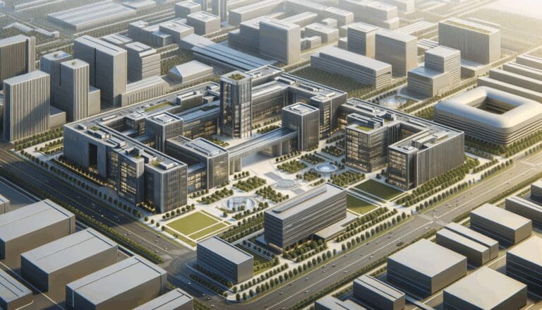 Vista aérea de un campus tecnológico con edificios modernos