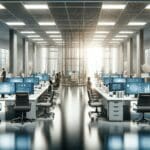 Oficinas modernas con equipos de trabajo en sesión de innovación tecnológica