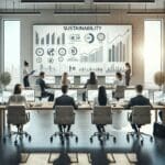 Equipo de emprendedores trabajando en una oficina moderna con gráficos de sostenibilidad en pantallas