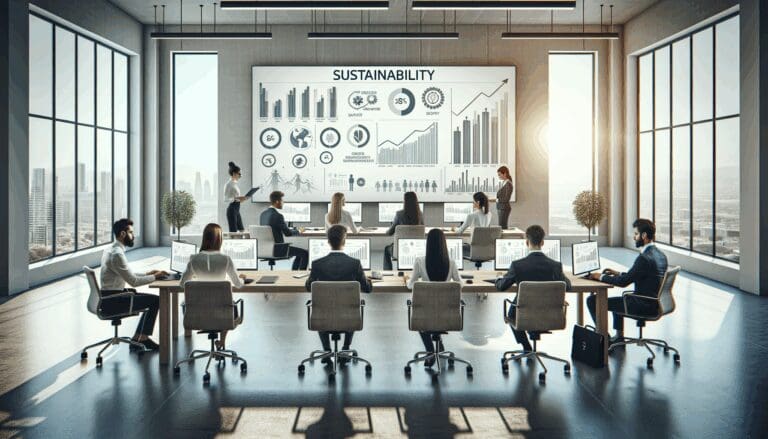 Equipo de emprendedores trabajando en una oficina moderna con gráficos de sostenibilidad en pantallas