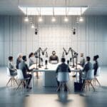 Mesa de trabajo con micrófonos, laptops y emprendedores conversando en un estudio de radio moderno