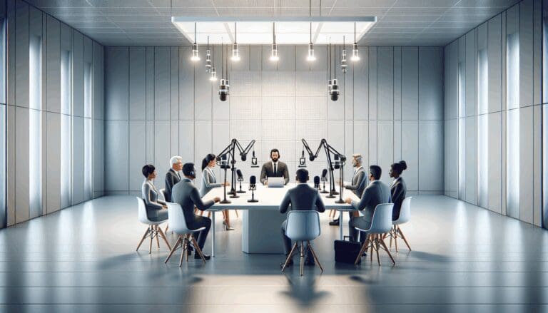 Mesa de trabajo con micrófonos, laptops y emprendedores conversando en un estudio de radio moderno