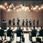 Emprendedores presentando ideas frente a un jurado en un auditorio moderno