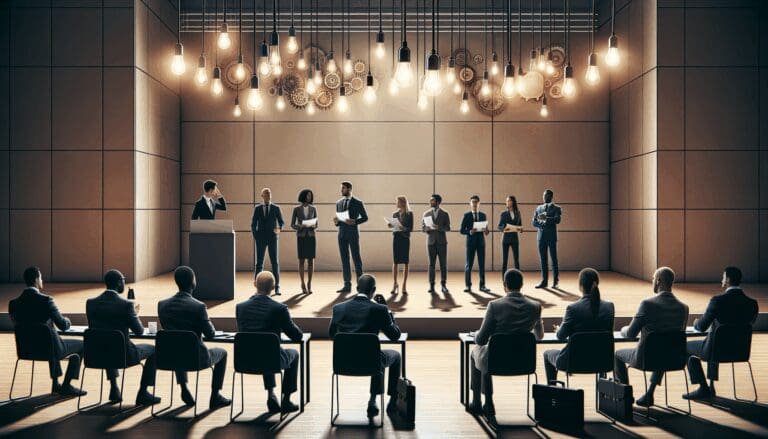 Emprendedores presentando ideas frente a un jurado en un auditorio moderno