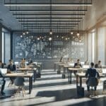 Oficinas modernas con emprendedores trabajando en laptops rodeados de pizarras digitales