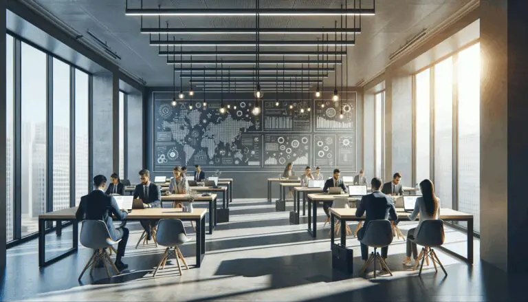 Oficinas modernas con emprendedores trabajando en laptops rodeados de pizarras digitales