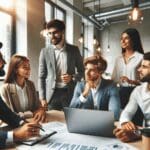 Jóvenes emprendedores discutiendo estrategias en una oficina moderna