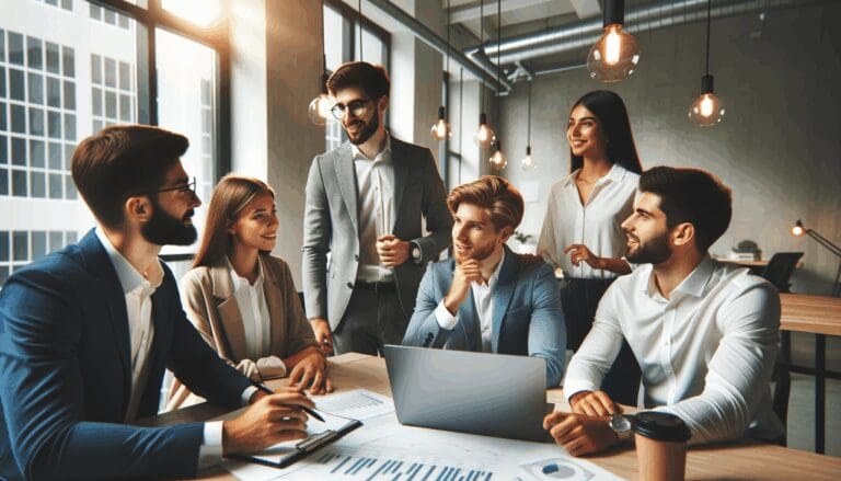 Jóvenes emprendedores discutiendo estrategias en una oficina moderna