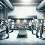 Cocina industrial moderna con chefs preparando comida.