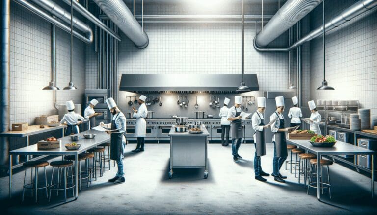 Cocina industrial moderna con chefs preparando comida.