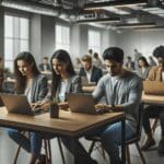 Personas jóvenes en una sala de coworking moderna colaborando alrededor de laptops