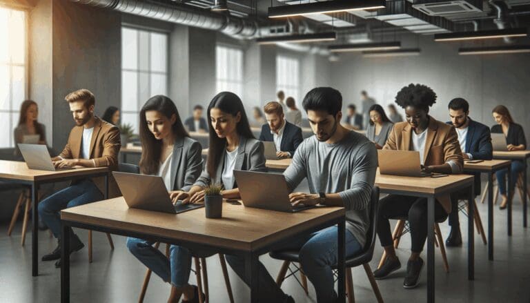 Personas jóvenes en una sala de coworking moderna colaborando alrededor de laptops