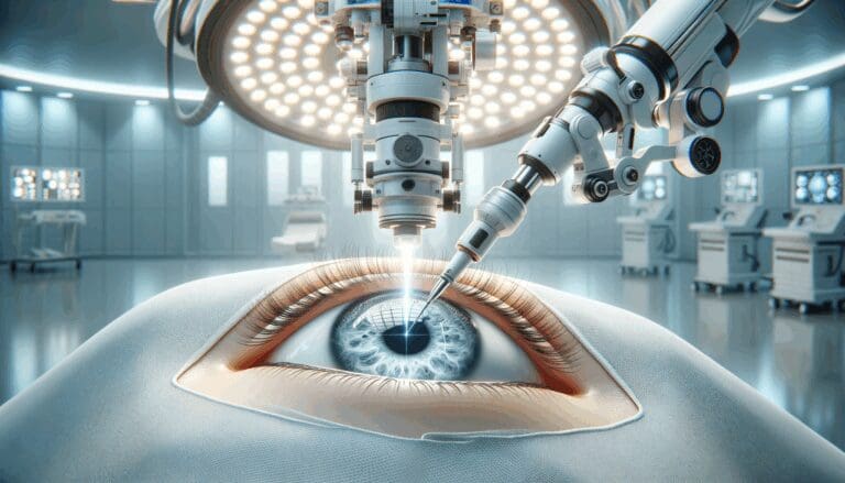 Primer plano de un brazo robótico realizando una cirugía ocular en un entorno clínico moderno