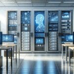 Laboratorio tecnológico con servidores y pantallas mostrando algoritmos de inteligencia artificial
