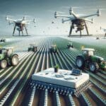 Tractores y drones en un campo cultivado con tecnología moderna agrícola