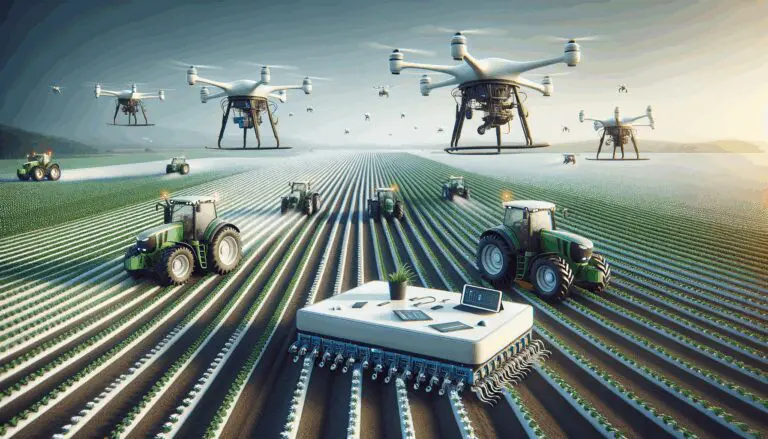 Tractores y drones en un campo cultivado con tecnología moderna agrícola