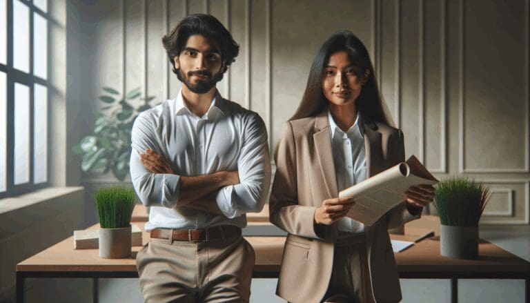 Dos emprendedores presentando una solución sostenible en un entorno moderno y colaborativo