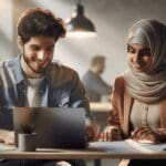 Dos emprendedores colaborando en un espacio moderno de coworking.