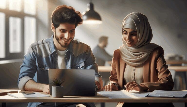 Dos emprendedores colaborando en un espacio moderno de coworking.